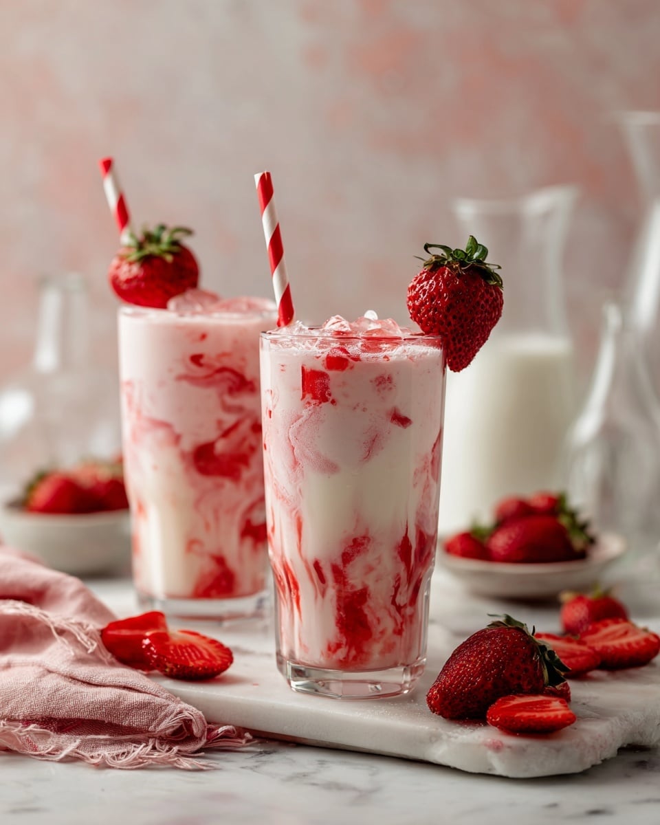 Two tall clear glasses stand on a white marbled surface, filled with layers of white creamy liquid mixed with bright red mashed strawberries creating a swirled pattern. Each glass has a red and white striped straw and a whole fresh strawberry on the rim. Around the glasses, there are chopped strawberry pieces, a pink textured cloth, a clear glass bowl with more strawberry mash, and white ceramic pitchers in the blurred background, all set against a white marbled backdrop. photo taken with an iphone --ar 4:5 --v 7