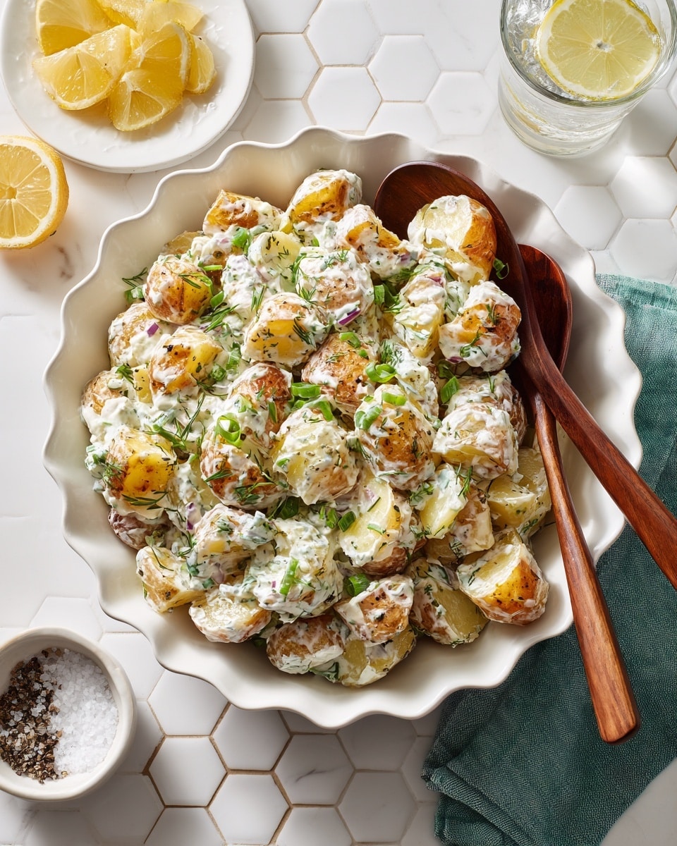 A white scalloped bowl holds a mixed dish with three main layers, starting with small roasted potato pieces in golden brown with crispy edges forming the base. The potatoes are coated with a creamy white sauce speckled with green herbs, finely chopped dill, and bits of green onion scattered on top. Two wooden spoons rest inside the bowl, partially submerged in the mixture. The bowl sits on a white marbled hexagonal surface. Around the bowl, there is a glass of water with a lemon slice, a small white dish containing coarse salt and pepper, and a small white plate with lemon wedges. A green cloth napkin is placed near the bottom right corner. photo taken with an iphone --ar 4:5 --v 7