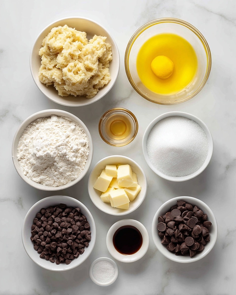 The image shows nine small white bowls arranged on a white marbled surface. At the top left, there is a bowl filled with pale beige mashed banana. Next to it, a small glass bowl holds bright yellow melted butter. To the right, a white bowl is filled with white sugar granules. Below the mashed banana, a small bowl contains a pale yellow beaten egg. In the middle, a tiny glass bowl holds dark brown vanilla extract. To the right, two small white bowls contain white baking soda and white salt crystals. At the bottom left, a larger white bowl is filled with white flour, and beside it, a white bowl contains dark brown chocolate chips. A smaller white bowl on the bottom right holds mini dark chocolate chips. photo taken with an iphone --ar 4:5 --v 7
