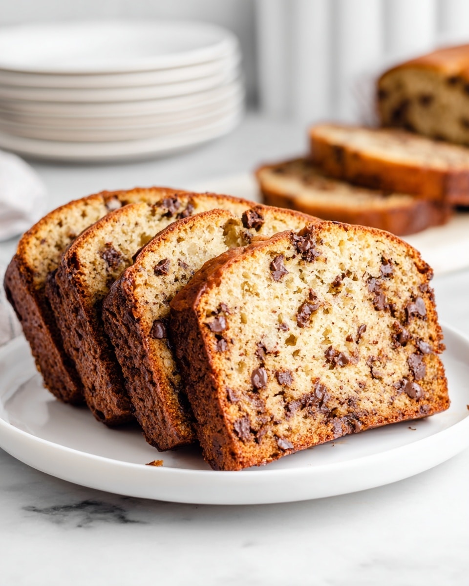 A white plate holds a loaf of banana bread with chocolate chips, sliced into five pieces and stacked slightly overlapping. The bread has a golden brown crust with darker edges, and the inside is a soft light brown with many small chocolate chips spread evenly throughout. The surface of the bread looks moist and textured, showing bits of mashed banana. The background is a white marbled texture with some empty white plates blurred in the distance. Photo taken with an iphone --ar 4:5 --v 7