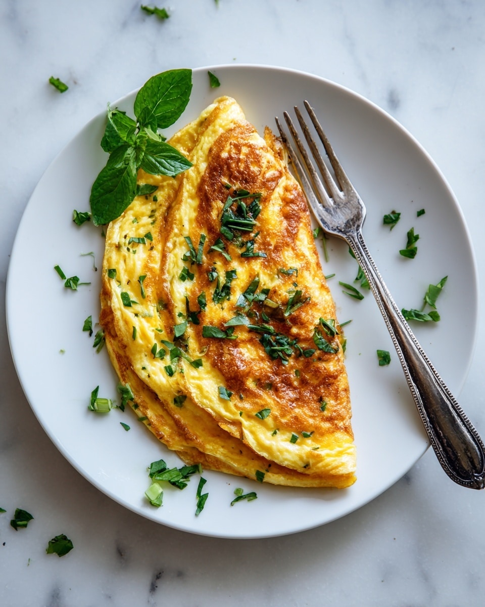 The image shows a white plate with a two-layer folded omelette on it. The top layer is golden yellow with some darker brown spots where it is cooked more, giving it a slightly crispy look. Small green herb pieces are sprinkled on top and around the plate, adding a fresh touch. A silver fork with a black handle rests on the right side of the plate. The plate is set on a white marbled surface with a light-colored cloth napkin partially visible on the right side. Photo taken with an iphone --ar 4:5 --v 7