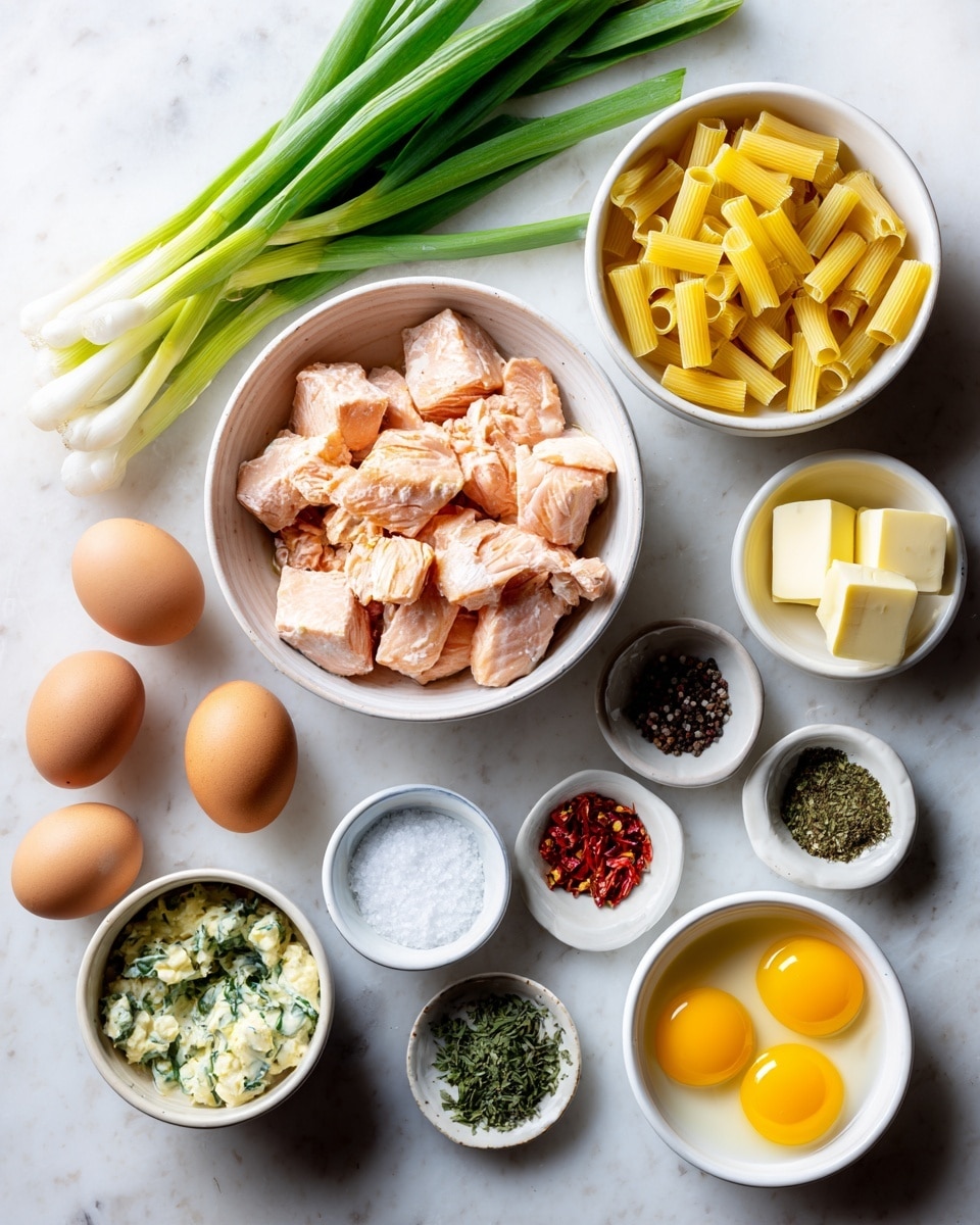 The image shows a white marbled surface with several small white bowls and loose ingredients arranged neatly. In the center is a bowl filled with pieces of cooked salmon, light pink with a flaky texture. Above it, a bowl holds short tube-shaped yellow pasta. To the top left, there is a bunch of fresh green onions with white bulbs. To the left of the salmon bowl, a white bowl contains a creamy mixture with green herbs. Five brown eggs are placed scattered on the surface near the bowls. A white bowl to the right of the salmon has two raw eggs visible with bright yellow yolks. Nearby, smaller bowls hold olive oil of pale yellow color, white salt crystals, a chunk of pale butter, red chili flakes, green dried herbs, and black pepper. Each ingredient is clear and distinct against the white marbled background, organized in a clean and simple layout. Photo taken with an iphone --ar 4:5 --v 7
