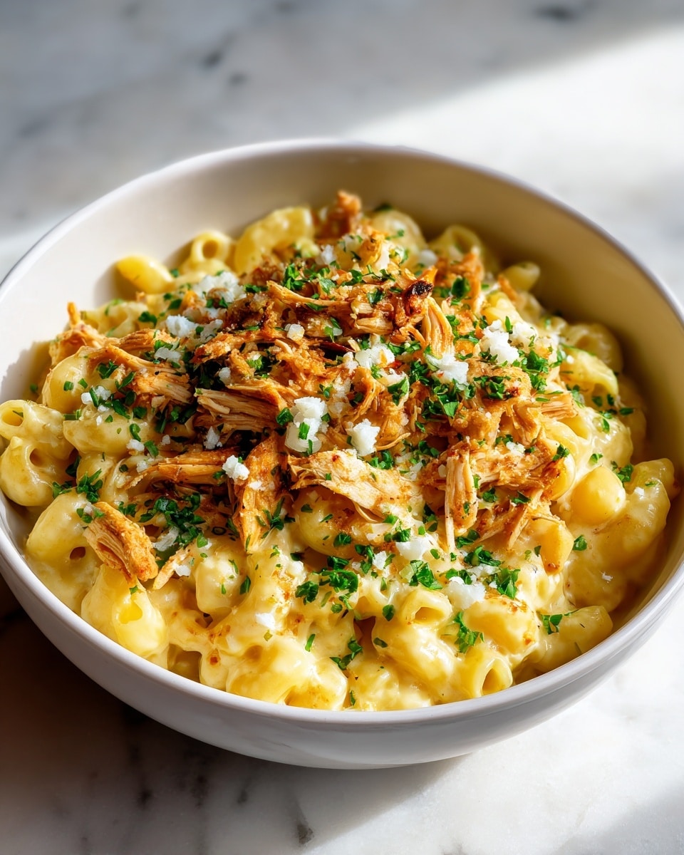 A white bowl filled with creamy macaroni and cheese at the bottom layer, showing soft, curly pasta coated in a smooth, yellow-orange cheese sauce; on top, there are chunks of golden-brown roasted chicken pieces with a slightly crispy texture and sprinkled finely with chopped green herbs and small white salt crystals; the dish sits on a white marbled surface. photo taken with an iphone --ar 4:5 --v 7