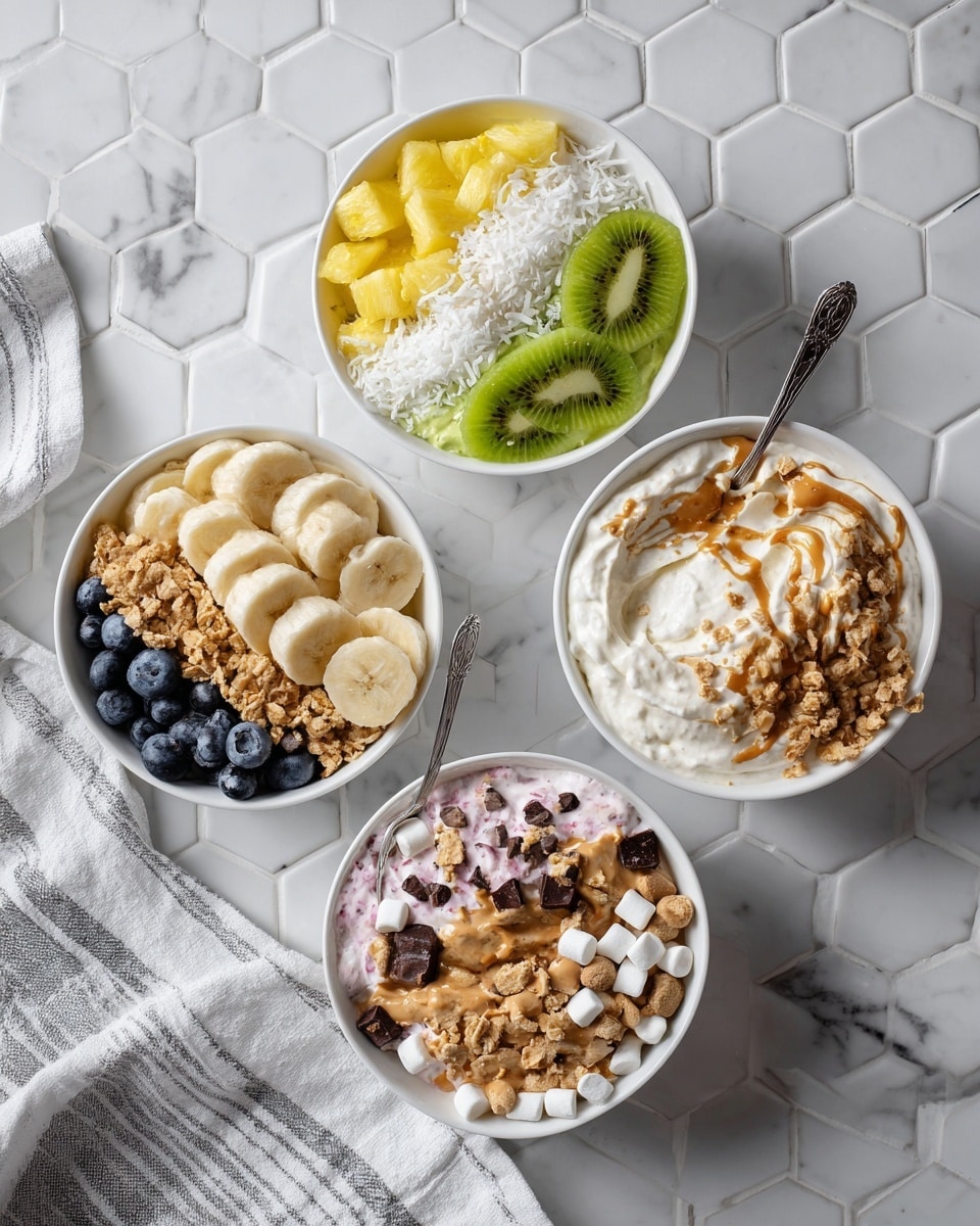 Four white bowls on a white marbled hexagon tile surface, each bowl filled with different yogurt mixes. The top left bowl has a layer of white yogurt topped with chunks of bright yellow mango on one side, green kiwi slices on the other, and sprinkled with white shredded coconut. The top right bowl shows white yogurt mixed lightly with pink fruit sauce, topped with crumbled golden brown graham crackers and drizzled with smooth caramel sauce. The bottom left bowl contains white yogurt topped with sliced banana, dark blue blueberries, crunchy granola clusters, and drizzled with caramel sauce. The bottom right bowl has white yogurt topped with mini white marshmallows, dark brown chocolate pieces, crushed golden graham crackers, and a drizzle of dark chocolate sauce. Each bowl has a spoon inside, and a striped white and gray napkin is placed near the bottom left bowl. Photo taken with an iphone --ar 4:5 --v 7