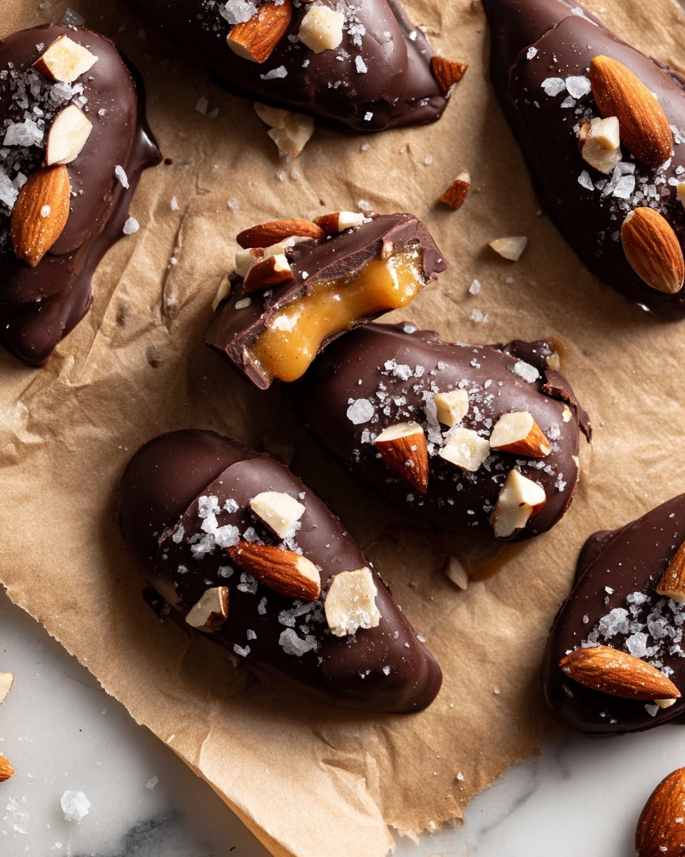 The image shows several small chocolate-covered bites on a white marbled surface, each with three main layers visible: a dark, shiny chocolate outer coating, a creamy light tan filling inside, and a dark date base. The chocolate coating is uneven and sprinkled on top with crushed light beige nuts and coarse white salt flakes. Some pieces are whole while others are broken open, revealing a sticky middle layer and soft textures inside. Small nut crumbs and flakes of salt are scattered around the treats, giving a natural and homemade look. The photo is taken close up with soft natural light, highlighting the shiny chocolate and textured filling photo taken with an iphone --ar 4:5 --v 7