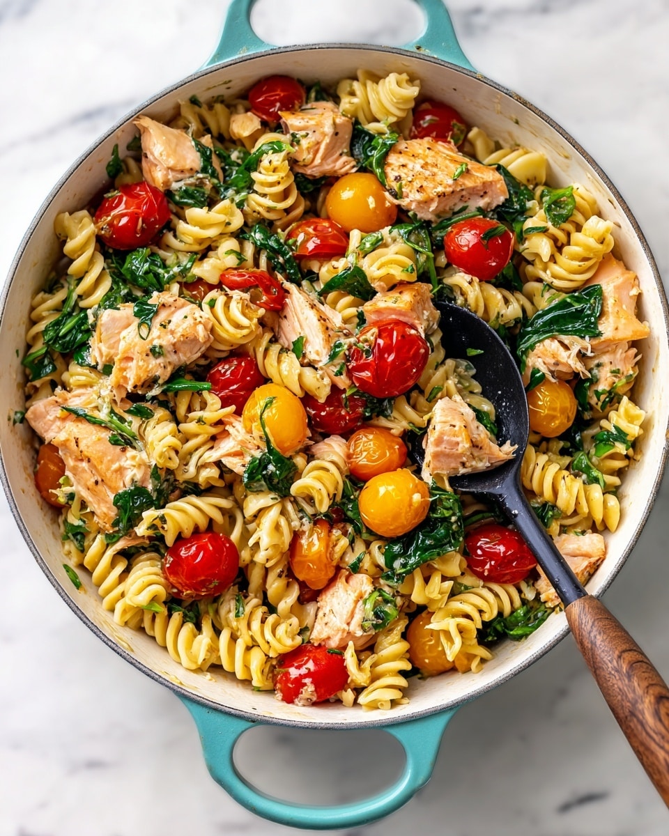 A white pan with blue handles filled with a mix of three main layers: the bottom layer has twisted rotini pasta in a light golden color, the middle layer shows pieces of light pink cooked salmon scattered evenly, and the top layer has bright orange and red cherry tomatoes with some dark green spinach leaves mixed throughout, giving a colorful and fresh look. A wooden spoon with a black scoop rests inside the pan on the right side. The pan sits on a white marbled surface, next to a crumpled black and white checkered cloth. photo taken with an iphone --ar 4:5 --v 7
