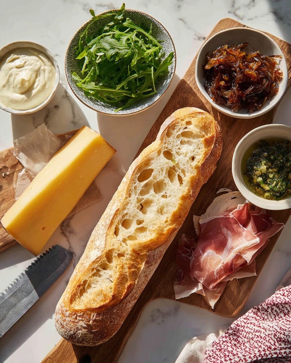 The image shows a rustic wooden board on a white marbled surface with a long, crusty baguette cut in half lengthwise, revealing a soft, airy crumb with many holes in light golden color. To the left of the bread are a thick slice of pale yellow cheese, thin slices of pinkish cured meat, and a bowl of bright green fresh arugula leaves in a patterned white bowl. On the top left is a small white bowl with creamy white sauce with a spoon inside. On the top right are two small white bowls, one filled with dark caramelized onions with a textured light brown inside and another with a chunky green mustard sauce with a spoon. A serrated knife with a grey handle lies at the bottom left near the arugula bowl. A white and red patterned cloth is partially visible on the bottom right corner. The lighting is bright natural sunlight coming from the top left, creating soft shadows and highlights. Photo taken with an iphone --ar 4:5 --v 7