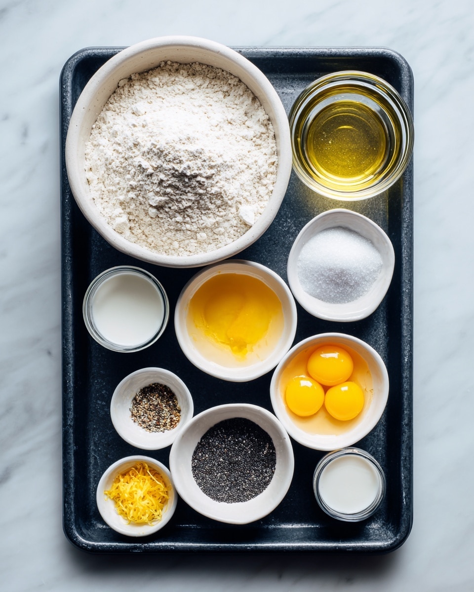A black tray on a white marbled surface holds several small white bowls and a clear glass, each filled with different baking ingredients. The largest white bowl on the tray is filled with fine, white gluten-free flour. Next to it is a tall clear glass filled with light yellow oil. A medium white bowl contains granulated white sugar. Below these, there are smaller white bowls: one with two raw yellow egg yolks and whites, one with a pale yellow lemon juice, one with black poppy seeds, and another with a mix of clear vanilla and lemon extracts. A tiny bowl holds bright yellow lemon zest, and a small white bowl contains white baking powder and salt. There is also a glass filled with white milk beside these bowls. All ingredients are neatly arranged to be clearly visible. photo taken with an iphone --ar 4:5 --v 7