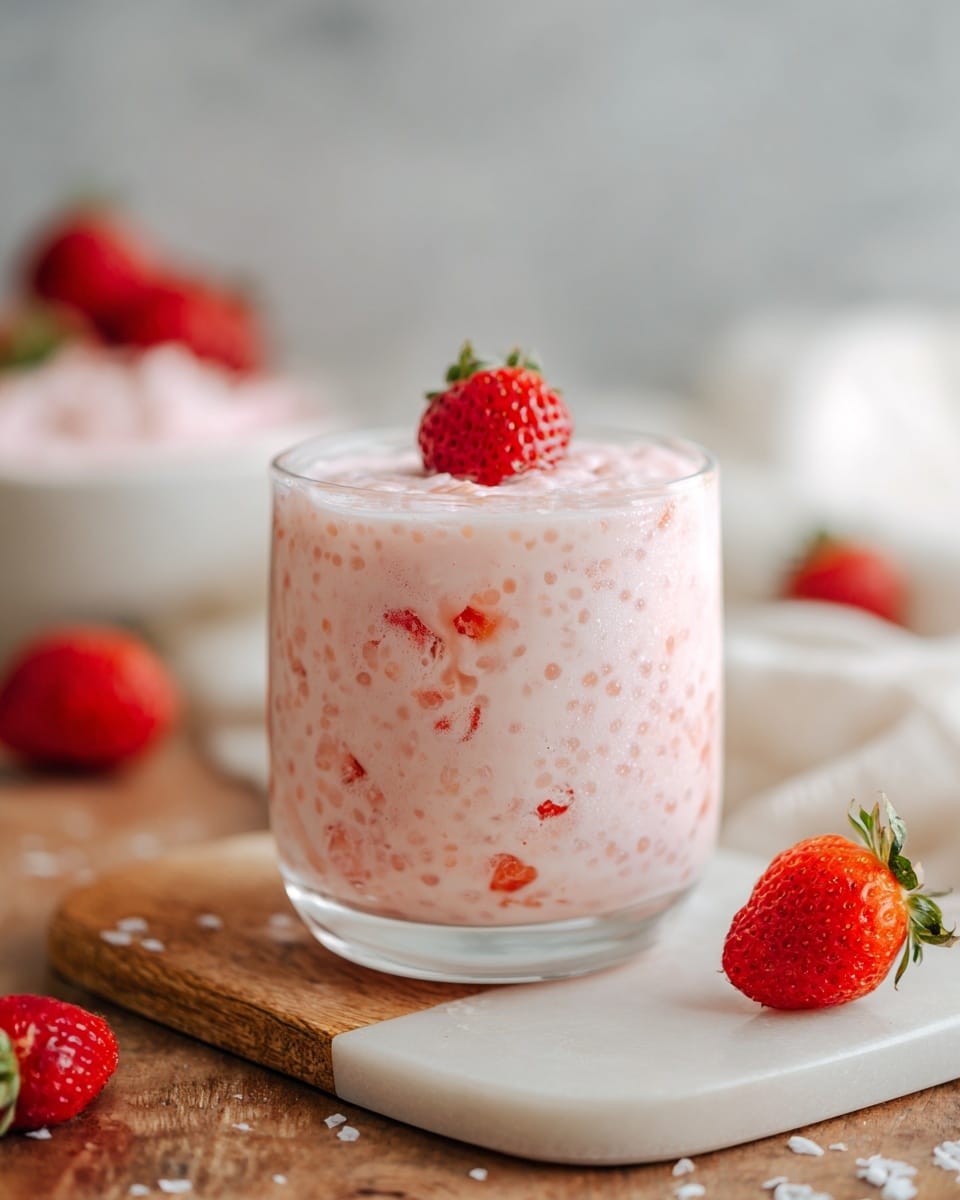 A single layered clear glass filled with a smooth, pink creamy dessert dotted with small white tapioca pearls mixed throughout. At the center on top, a whole red strawberry sits, partially sunk into the cream. Around the glass on a light wooden surface, several whole strawberries are scattered. In the background, a white bowl filled with the same pink creamy dessert mixed with red strawberry pieces is partially visible on a white marbled texture, alongside a white cloth. Photo taken with an iphone --ar 4:5 --v 7