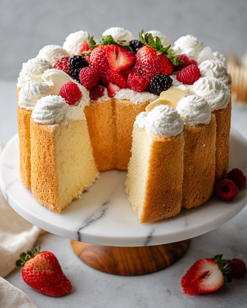 A tall slice of light yellow sponge cake with a slightly golden brown crust stands on a white speckled plate with wavy edges. The cake has a thick layer of white whipped cream on top, garnished with a red raspberry, a dark blackberry, and a small green mint leaf. Around the main slice, two more similar cake slices appear, each with the same whipped cream and berry decorations, set on similar white speckled plates, all placed on a white marbled surface. Two antique silver forks rest on a soft pink cloth near the lower right corner. Photo taken with an iphone --ar 4:5 --v 7