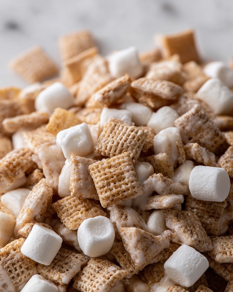 A close-up view of a snack mix with several layers of small square cereal pieces coated in a thick white chocolate layer mingled with small white marshmallows scattered evenly. Some cereal pieces have a light brown toasted look showing through the white coating, while others are fully covered. The texture is crumbly and crunchy, with a mix of rough and smooth surfaces visible all over. The snack mix fills the frame on a white marbled surface. photo taken with an iphone --ar 4:5 --v 7
