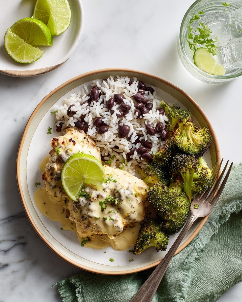 A white plate with a beige rim holds three main layers: on the left is a piece of cooked chicken covered in creamy sauce with visible bits of herbs and spices and topped with a bright green lime wedge. To the right of the chicken is a small pile of roasted broccoli with slightly charred edges and a vibrant green color. Above the chicken and broccoli is a serving of white rice mixed with black beans, showing a mix of white and dark brown colors. At the top left corner of the image, a white marbled surface holds a small white plate with lime wedges. A glass of water with ice sits at the upper right corner, and a fork rests on the bottom right side of the plate, partially on a green cloth napkin. Photo taken with an iphone --ar 4:5 --v 7