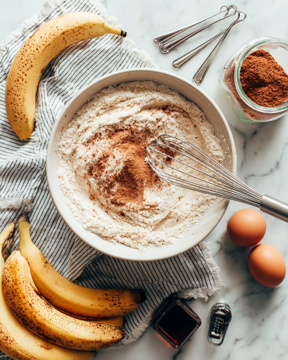 The image shows a mixing bowl on a white marbled surface with a striped cloth underneath. Inside the bowl is a light beige baking mix with some cinnamon sprinkled on top and a metal whisk resting inside. To the right of the bowl, there is a small glass jar filled with ground cinnamon and three metal measuring spoons stacked next to it. Below on the surface are three ripe bananas with brown spots. Below that are two brown eggs placed side by side, and a small square dark bottle labeled vanilla next to them. The scene is bright and neatly arranged with handwritten labels next to each ingredient. photo taken with an iphone --ar 4:5 --v 7