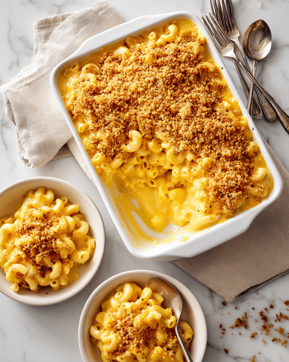 A white rectangular baking dish filled with macaroni and cheese topped with a thick golden brown breadcrumb crust, crumbly and crunchy in texture. One large portion has been taken out from the corner, showing three layers: the bottom layer has elbow macaroni pasta coated in creamy pale yellow cheese sauce, the middle layer is gooey cheese mixed with pasta, and the top layer is the crispy, golden breadcrumb crust. Next to the dish on a white marbled surface are two white bowls, each holding a serving of the macaroni and cheese with a similar breadcrumb topping. Several forks are placed nearby on the surface, and a woman's hand holds one of the bowls. photo taken with an iphone --ar 4:5 --v 7