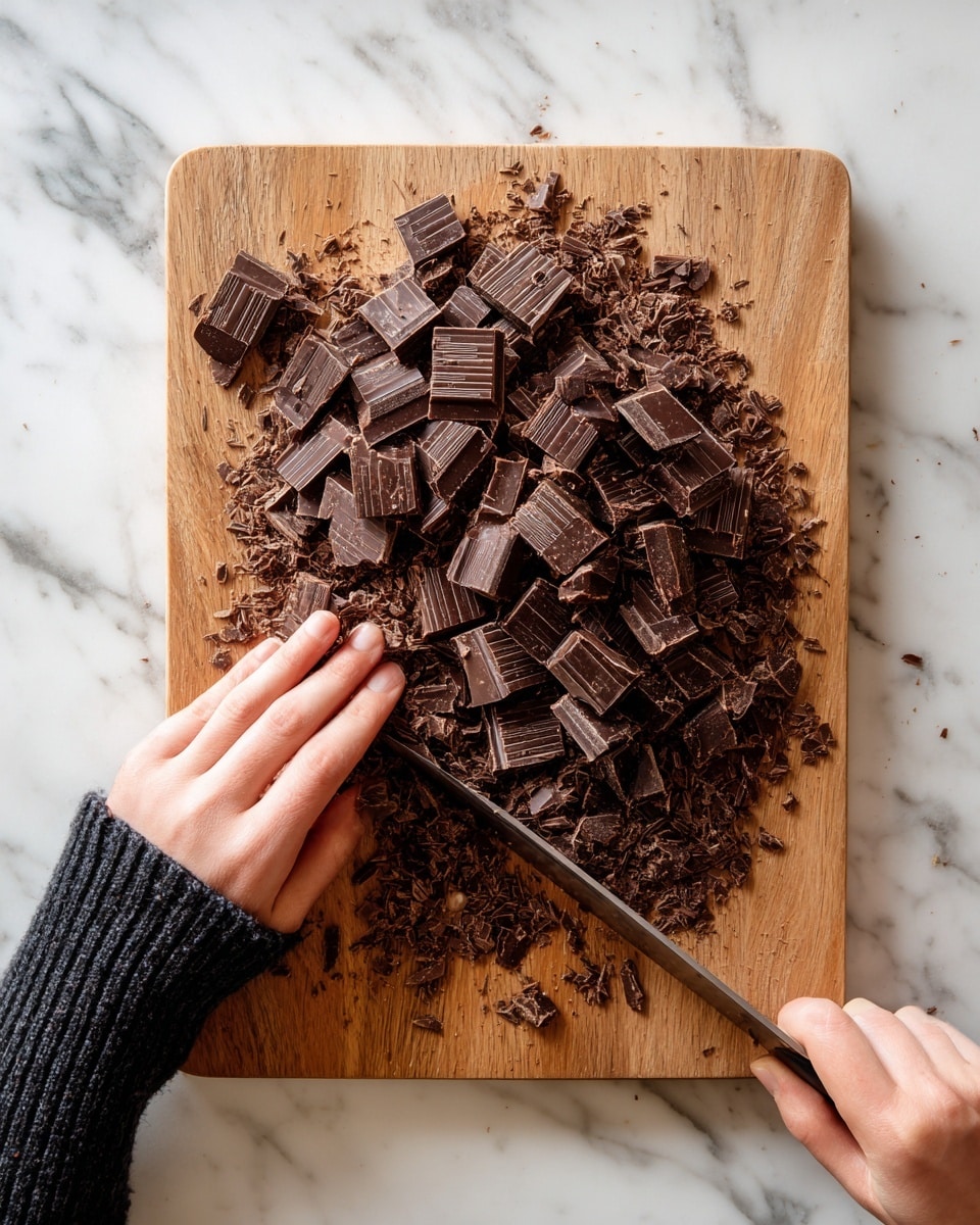 A wooden cutting board with many small pieces of broken brown chocolate spread across its surface, showing both large square chunks and finer shavings. A woman's left hand is pressing down gently on the chocolate pieces while her right hand holds a knife, positioned mid-motion as if chopping. The background is a white marbled surface, and the woman wears a long-sleeve black sweater. Photo taken with an iphone --ar 4:5 --v 7