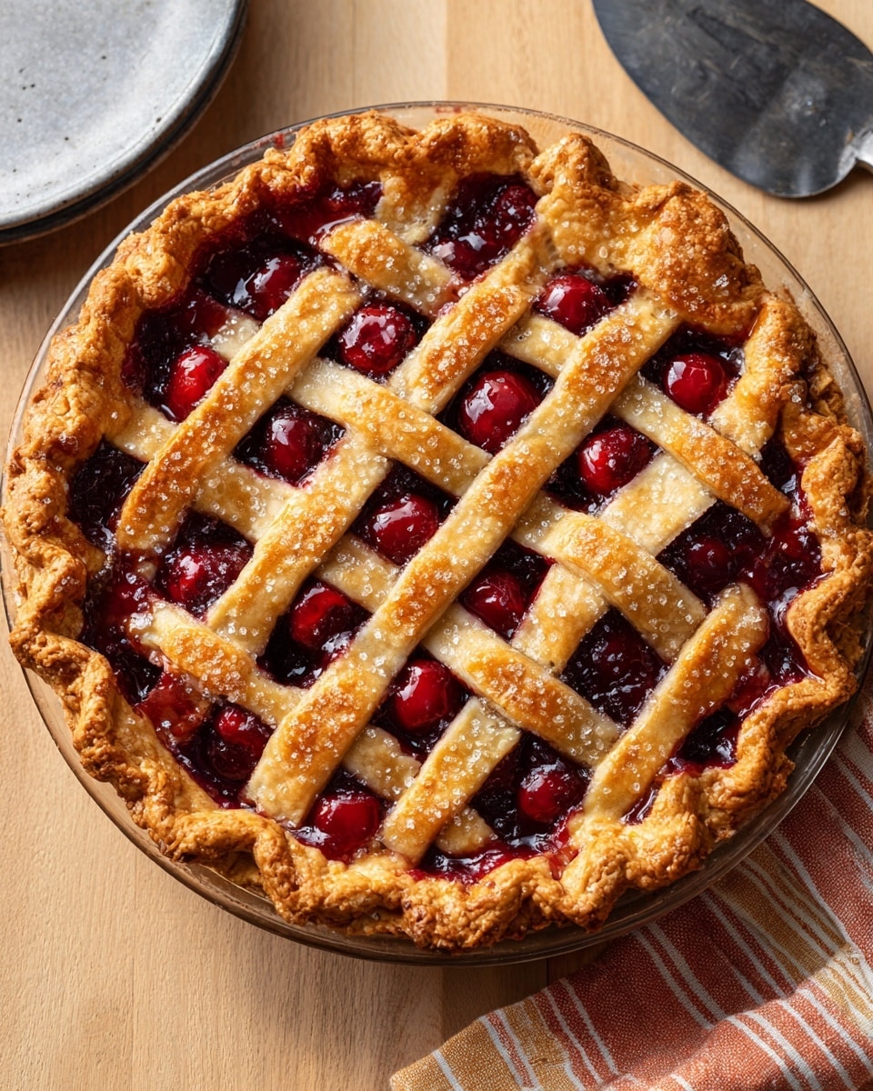 A round cherry pie with a golden brown lattice crust on top showing deep red cherry filling beneath, the crust edges folded and crimped forming a thick rim, the lattice strips topped with coarse sparkling sugar giving a crunchy texture, the pie is in a clear glass dish placed on a white marbled surface next to an old metal pie server and fork, a multi-colored kitchen towel with orange, blue, and white stripes is partly visible above the pie, photo taken with an iphone --ar 4:5 --v 7