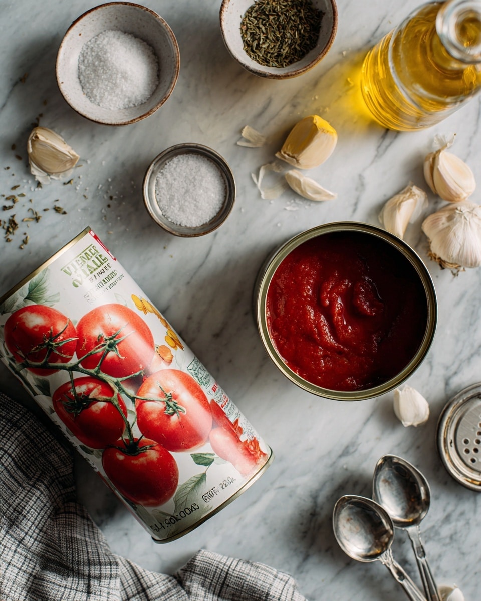 The image shows a can of whole peeled tomatoes with a white label and red tomato illustrations lying on its side on a white marbled surface. To the right, an open can with rich, deep red tomato paste is visible, showing thick texture inside. Surrounding the cans are several small glass bowls containing white salt, dried herbs, and a small bottle of golden olive oil with a clear handle. Nearby are scattered garlic cloves with papery skin, two silver measuring spoons, and a folded gray and white checkered cloth. The lighting is soft, highlighting the colors and textures clearly. Photo taken with an iphone --ar 4:5 --v 7