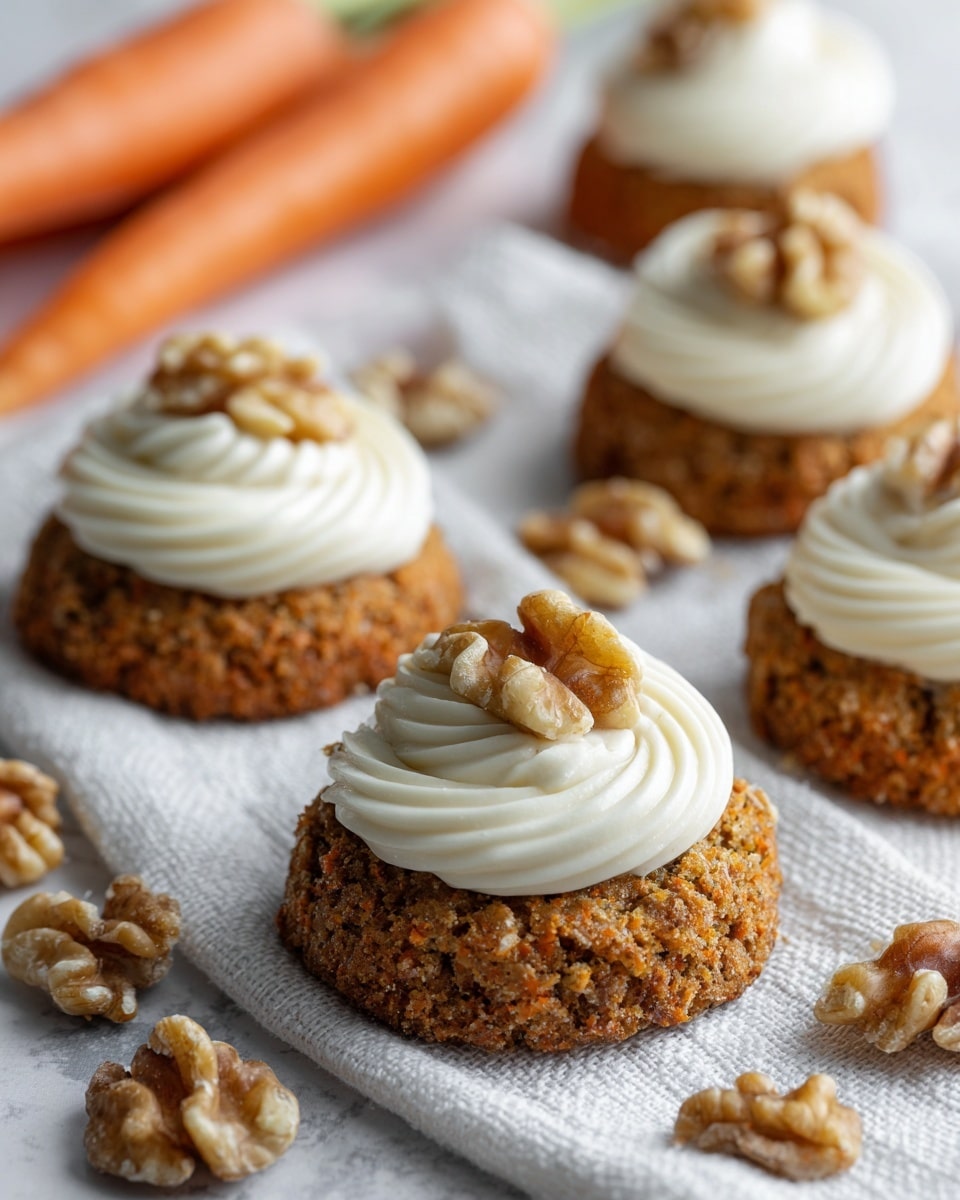 The image shows several carrot cookies with a rough orange-brown base that looks soft and chunky, each topped with a smooth, white cream swirled in a circular pattern. On top of the cream, there are pieces of light brown walnuts placed in the center. The cookies are arranged on a white cloth with extra walnut pieces scattered around. In the background, some small, fresh orange carrots can be seen out of focus, all placed on a white marbled surface. Photo taken with an iphone --ar 4:5 --v 7