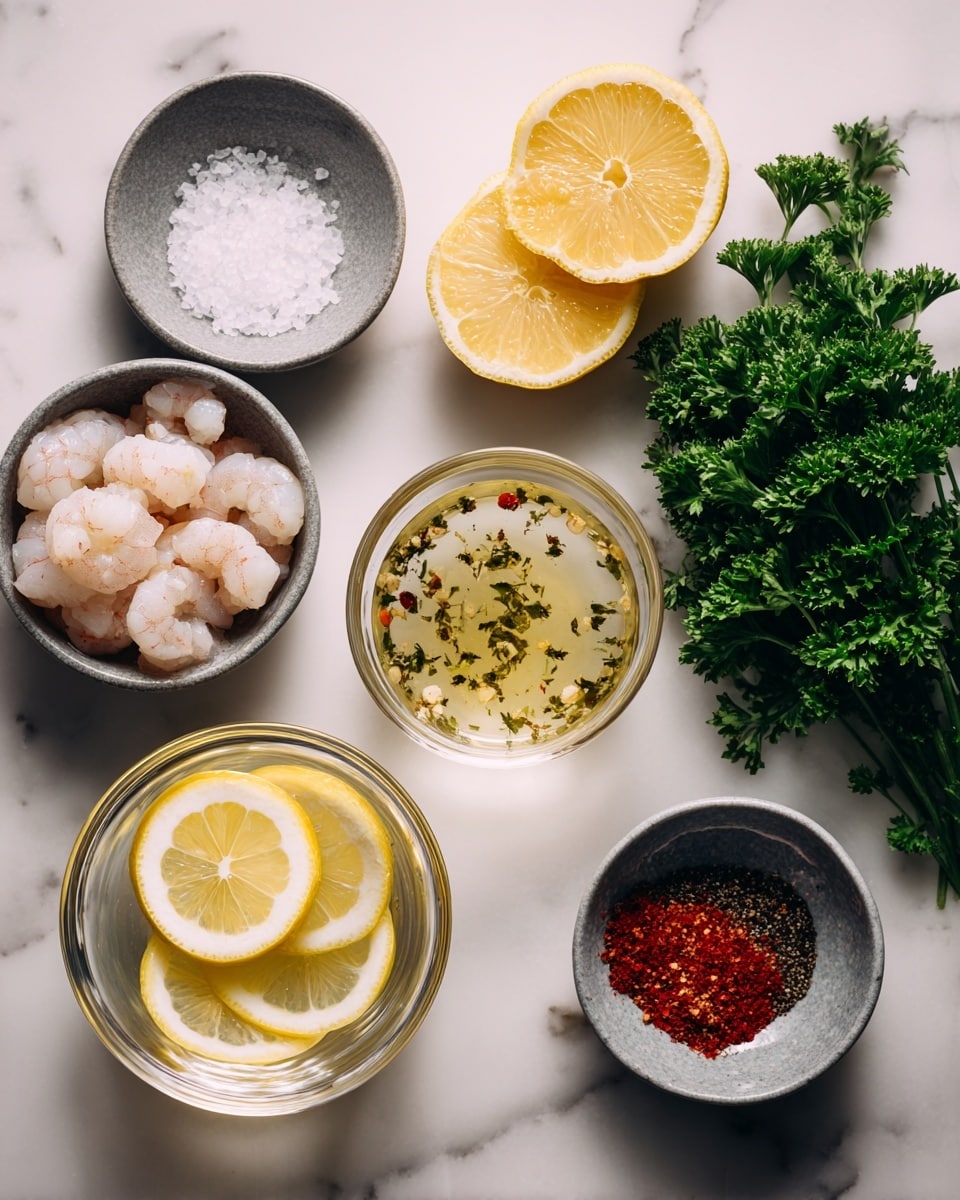 The image shows six bowls and a bunch of fresh green parsley on a white marbled surface. In the top middle is a clear bowl with two lemon halves, bright yellow and juicy. To its left is a small gray bowl filled with coarse white salt crystals. Below the lemon bowl is another clear bowl full of peeled shrimp, pink and white with a smooth texture. At the bottom left, a larger clear bowl holds two lemon slices floating in water. At the center is a tiny glass bowl containing a light yellow liquid with black pepper flakes and green herbs floating in it. To the right of this is a small gray bowl filled with crushed black pepper. On the upper right side, there is a small gray bowl with red chili powder. Next to this bowl is a bunch of leafy parsley, fresh and bright green. The photo taken with an iphone --ar 4:5 --v 7