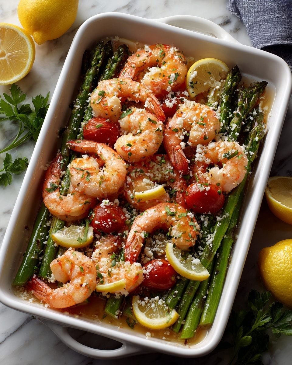 A white rectangular baking tray filled with a single layer of cooked shrimp that are orange and slightly shiny, each curled with tails on; beneath the shrimp is a bed of green asparagus spears arranged mostly parallel, sprinkled with small red cherry tomato halves that add bright, glossy pops of color; thin round slices of lemon with pale yellow skin and white inner flesh are placed evenly in the tray; grated white cheese is scattered across the top, along with finely chopped green herbs. The tray rests on a white marbled surface with halves of fresh lemon and some parsley leaves nearby. Photo taken with an iphone --ar 4:5 --v 7