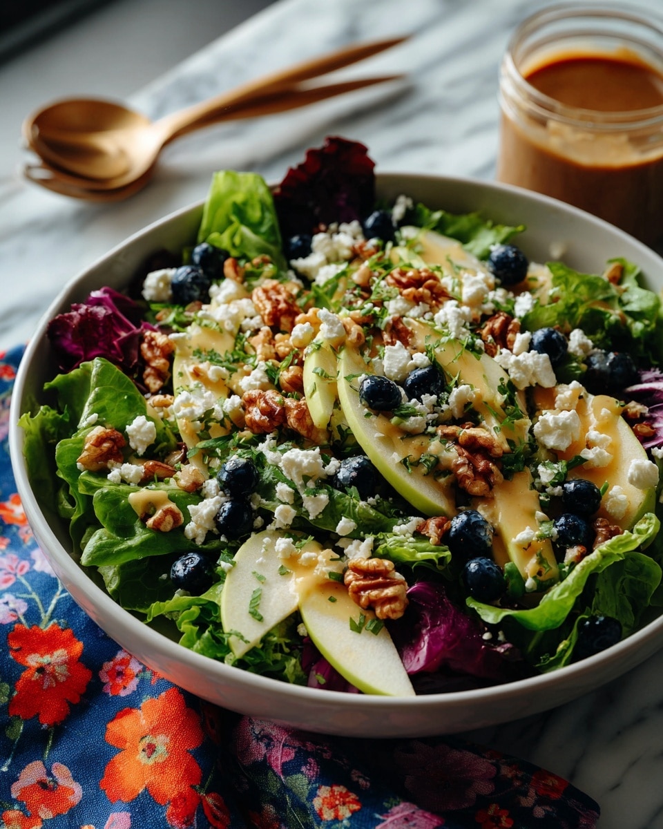 A white bowl filled with a fresh salad sits on a white marbled surface. The base layer is a mix of dark red, deep purple, and bright green leafy greens. On top, light yellow apple slices are spread evenly, followed by scattered small blue blueberries. Small lumps of white cheese are placed over the fruit and greens. Pieces of light brown walnuts are sprinkled throughout, with some bright green parsley leaves adding color and texture on the very top. A glass jar with dark brown dressing is placed nearby on the surface. A white cloth with blue, orange, and yellow floral patterns is partially under the bowl. photo taken with an iphone --ar 4:5 --v 7