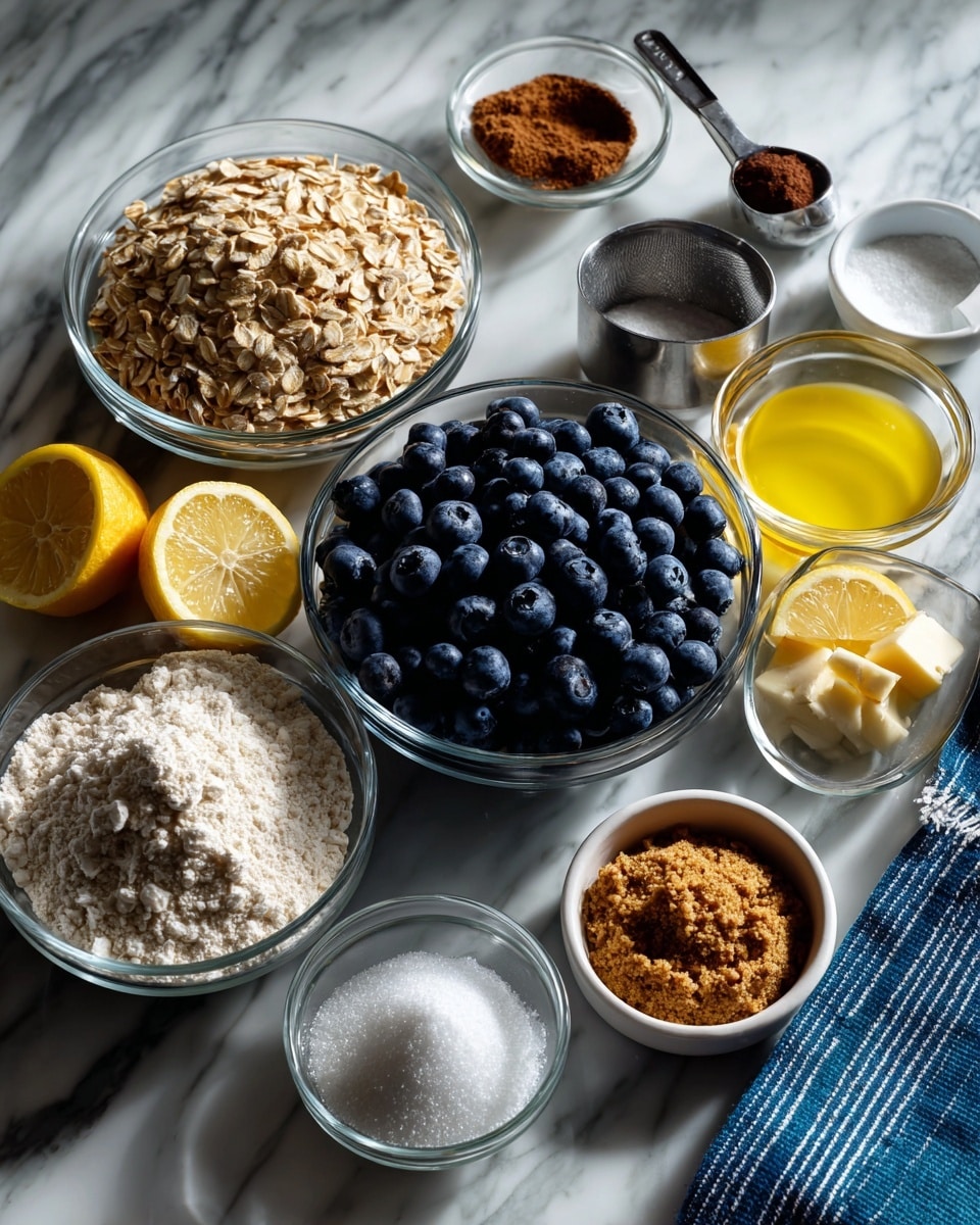 The image shows various ingredients placed on a white marbled surface. In the center, there is a large clear glass bowl filled with deep blue blueberries. Around it are smaller glass bowls and containers: the top left holds light brown oats in a silver measuring cup, just above the blueberries is a small clear bowl with dark brown cinnamon powder, and to the right a clear measuring cup with melted butter showing a light yellow liquid. Below the oats is a silver measuring cup with brown sugar. On the right side, there are small white bowls containing white baking powder, white salt, white cornstarch, and white sugar. At the bottom left, there is a clear bowl filled with white flour. To the left of the blueberries, there are two lemon halves showing bright yellow flesh. A folded blue and white kitchen towel rests at the bottom right. The image is bright and neatly arranged for a baking recipe. Photo taken with an iphone --ar 4:5 --v 7