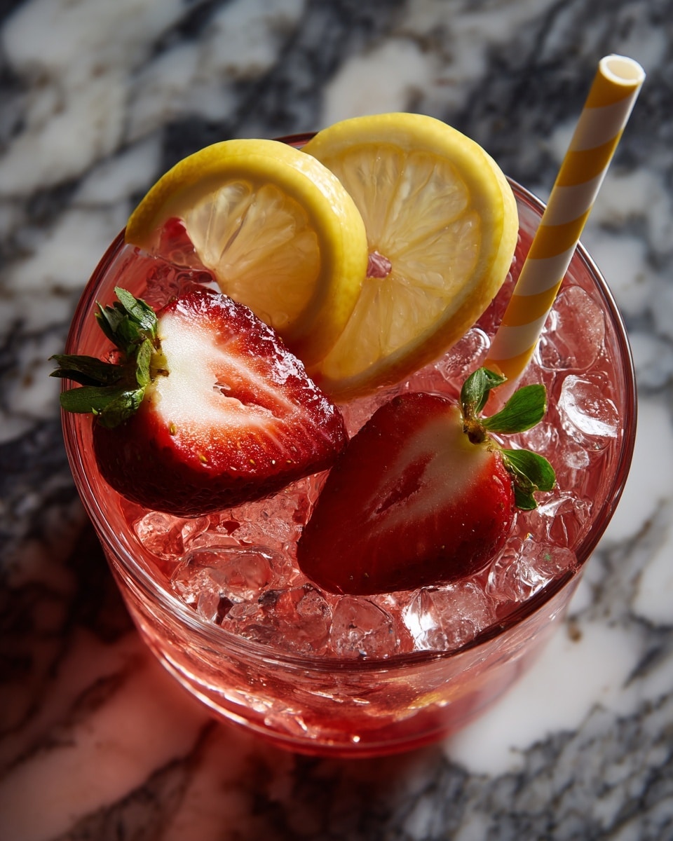 The image shows a close-up top view of a pink drink in a transparent glass filled with crushed ice. The drink has two bright red strawberry halves floating on the surface, showing their seeds and inner texture. Next to the strawberries, there is a thin, curved slice of lemon with a yellow rind and pale juicy inside. A white and yellow striped paper straw is placed in the glass on the right side, partially submerged in the drink. The glass sits on a white marbled surface. photo taken with an iphone --ar 4:5 --v 7