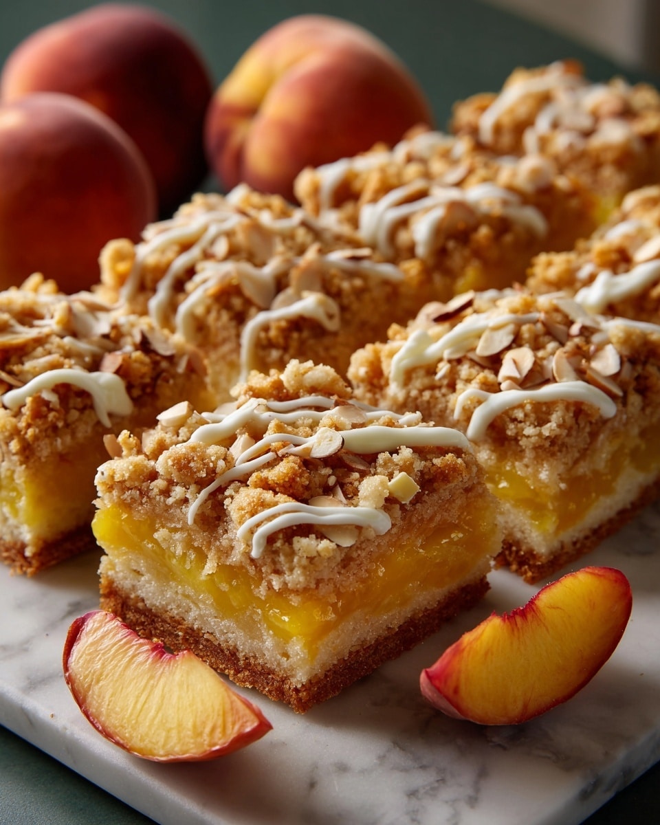 The image shows nine square dessert bars arranged closely on a white marbled surface, each bar with three visible layers: a golden brown crumbly base, a yellow-orange soft fruit filling (likely peach), and a thick crumbly topping with sprinkled sliced almonds. White icing is drizzled in thin lines across the top, adding contrast and shine. Two peach halves are placed near the bars, enhancing the fresh fruit appeal. The texture of the crumbly topping looks rough and crunchy, while the fruit layer is soft and juicy, peeking through gaps in the topping. photo taken with an iphone --ar 4:5 --v 7