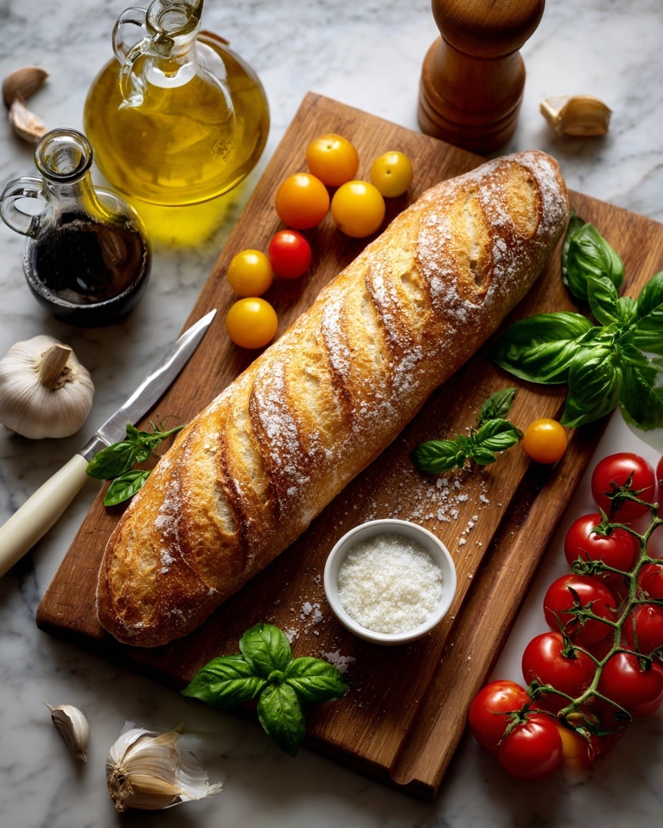 A long crusty baguette with a golden brown color and a lightly dusted flour surface sits in the middle of a wooden cutting board. Small bright yellow cherry tomatoes are placed both on and around the baguette, with larger bright red tomatoes to the right side. Fresh green basil leaves rest at the bottom near a small white bowl of coarse salt. To the left of the baguette, a silver knife with a white handle lies on the cutting board next to a few garlic cloves. Two glass bottles, one filled with golden olive oil and the other with dark balsamic vinegar, sit at the top left corner of the board along with a wooden pepper grinder. The whole set is placed on a white marbled surface photo taken with an iphone --ar 4:5 --v 7