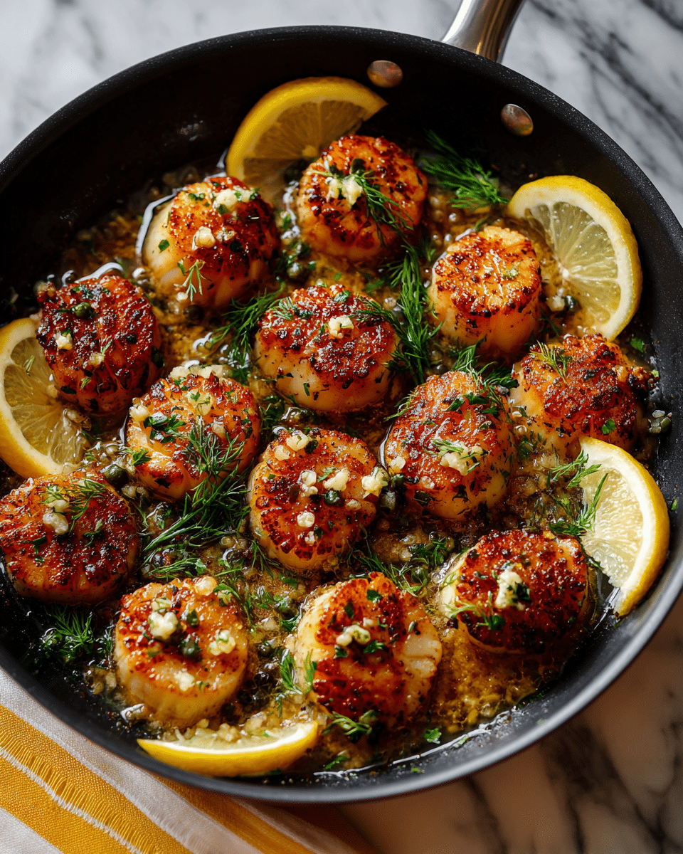 A close-up of a black pan filled with golden-brown seared scallops arranged in three uneven rows, sitting in a rich, light golden sauce with visible specks of pepper and capers scattered throughout. Thinly sliced pale yellow lemon wedges are placed on top of the scallops, along with small green dill sprigs adding touches of color and texture. The sauce shows a slightly glossy and buttery texture, pooling around and coating the scallops evenly. The pan rests on a white marbled surface with a soft striped cloth visible in the corner. Photo taken with an iphone --ar 4:5 --v 7
