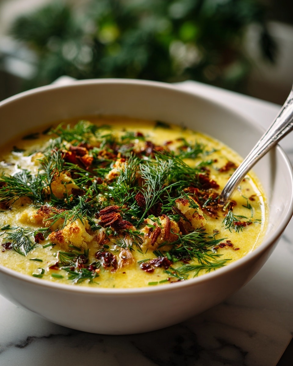 A close-up of a white bowl filled with thick yellow soup that has a grainy texture, topped with several pieces of soft, white, and slightly browned cauliflower. The soup has visible oil spots and is sprinkled with fresh green dill on top. A silver spoon is partially dipped into the bowl, resting inside the soup. The bowl is placed on a surface with a white marbled texture, with some green herbs blurred softly in the background. Photo taken with an iphone --ar 4:5 --v 7