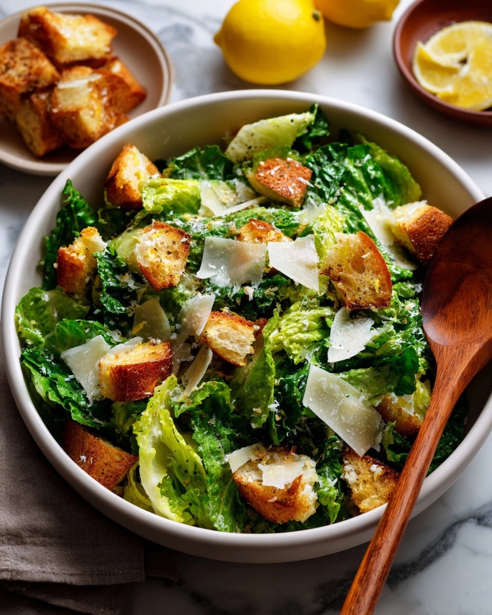 A white bowl filled with Caesar salad is shown on a white marbled surface. The salad has three visible layers: at the bottom, bright green romaine lettuce leaves with fresh textures; scattered on top, golden brown toasted croutons with a crispy texture; sprinkled all over, thin, off-white shavings of Parmesan cheese. A wooden spoon rests inside the bowl on the right side. Some broken croutons and extra Parmesan shavings are placed around the bowl. In the top right corner, part of a halved lemon is visible. photo taken with an iphone --ar 4:5 --v 7