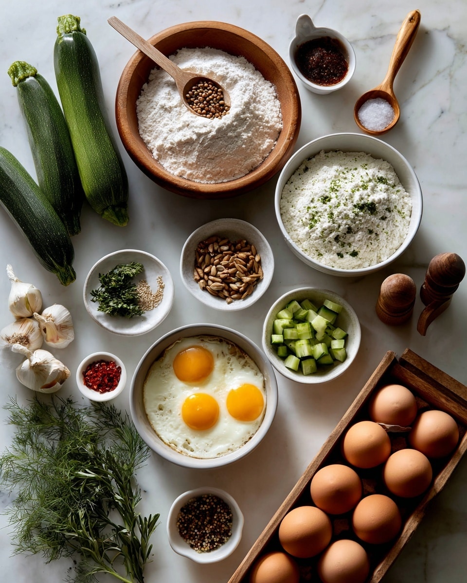 The image shows various cooking ingredients arranged neatly on a white marbled surface. There are two whole green zucchinis on the left, alongside a wooden bowl filled with white flour. Above it is a white spoon holding brown seeds and a small bowl with a dark brown paste. To the right of the large flour bowl, there is a white bowl filled with a white powdery substance, and a smaller white bowl with chopped green cucumber pieces. In the center, there is a white bowl with three sunny-side-up eggs with bright yellow yolks. Near the eggs are small bowls containing red chili flakes, assorted peppercorns, olive oil, salt, and black pepper. There’s a wooden crate with six brown eggs. Nearby, there are fresh herbs, a garlic bulb in a small wooden bowl, and a couple of wooden citrus reamers. The composition is light and fresh, with natural colors in a clean, organized layout. Photo taken with an iphone --ar 4:5 --v 7