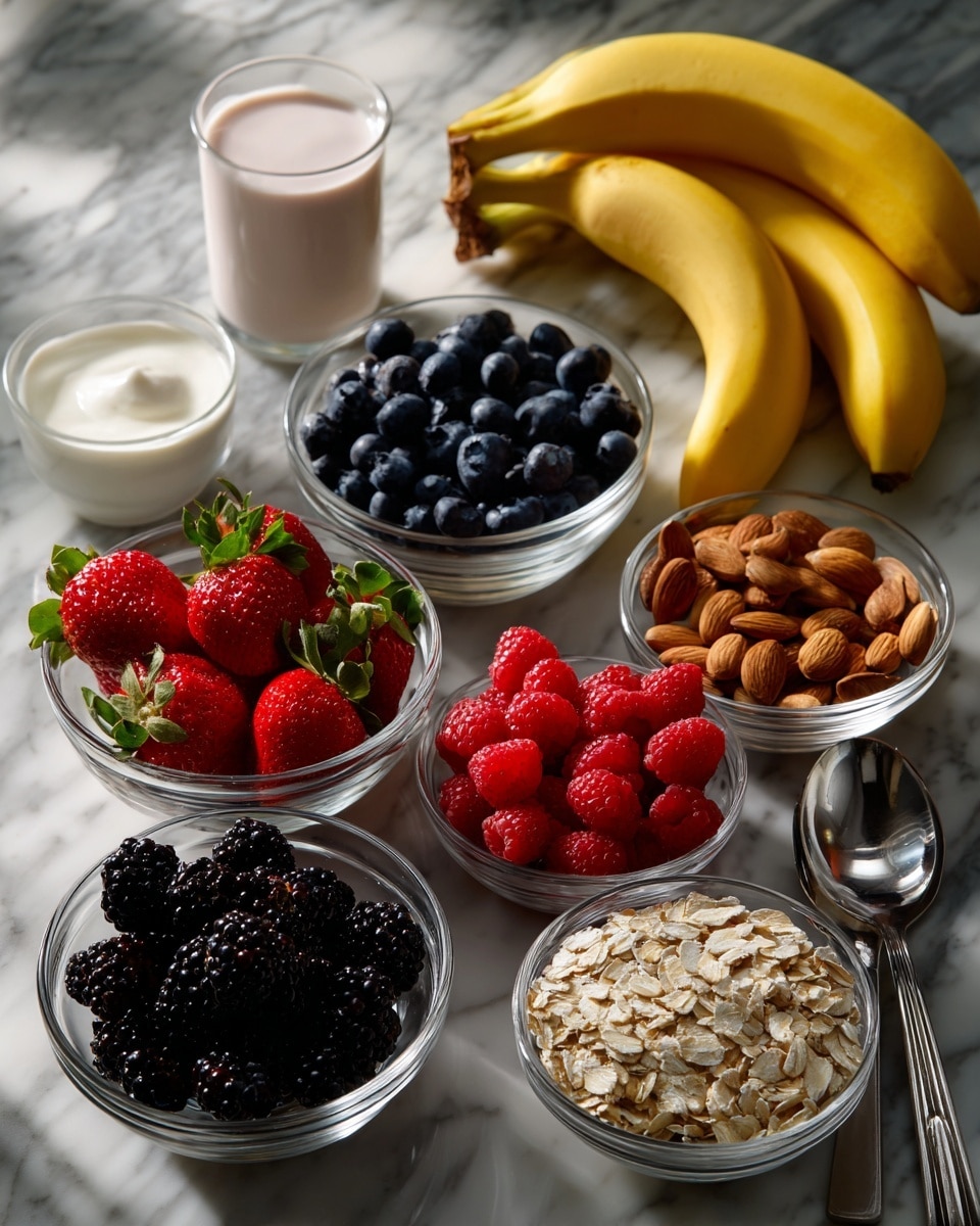 Several small clear glass bowls with different fresh ingredients are placed on a white marbled surface. There are vibrant dark blue blueberries in one bowl, bright red raspberries in another, deep black blackberries next to it, and fresh red strawberries on the lower left side. A bunch of yellow bananas sits on the top right. Two small bowls hold light brown almonds and peeled almonds. Another small bowl contains light beige rolled oats. A small glass cup with white milk and a metal spoon with a clear handle are also visible. Behind the bananas, there is a clear container with a smooth light pink yogurt or cream inside. photo taken with an iphone --ar 4:5 --v 7