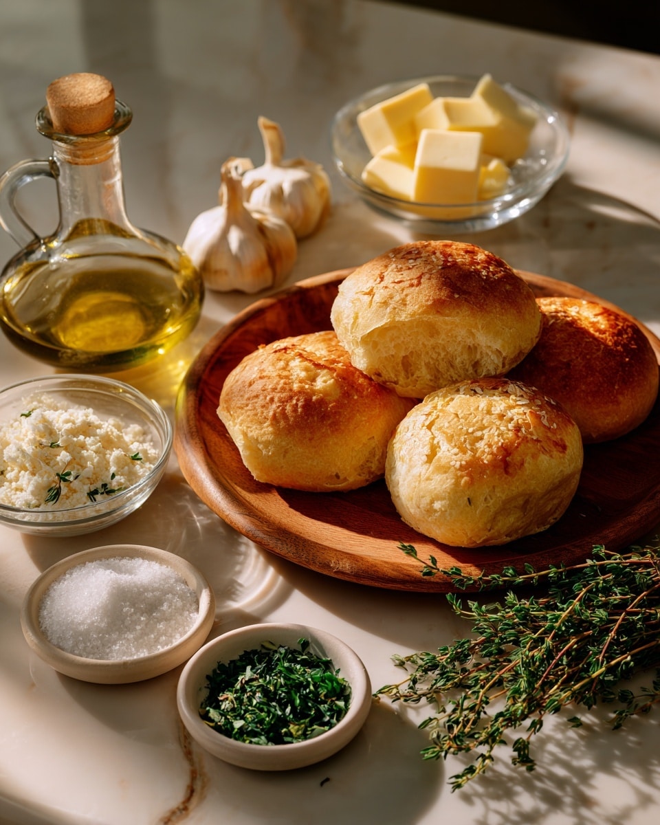The image shows four round, golden-baked bread rolls with a slightly rough texture on the surface, sitting closely together on a round wooden plate. Surrounding the plate are cooking ingredients arranged on a white marbled surface, including a glass bottle and a small glass bowl filled with golden olive oil, a small bowl of white flour, and another bowl with three cubes of pale yellow butter. A whole garlic bulb and three peeled garlic cloves are placed near two small bowls, one filled with finely chopped green herbs and the other with white granulated salt. Fresh green thyme sprigs are laid out at the bottom right. The natural light casts soft shadows across the scene, giving the image a warm and inviting feel. Photo taken with an iphone --ar 4:5 --v 7