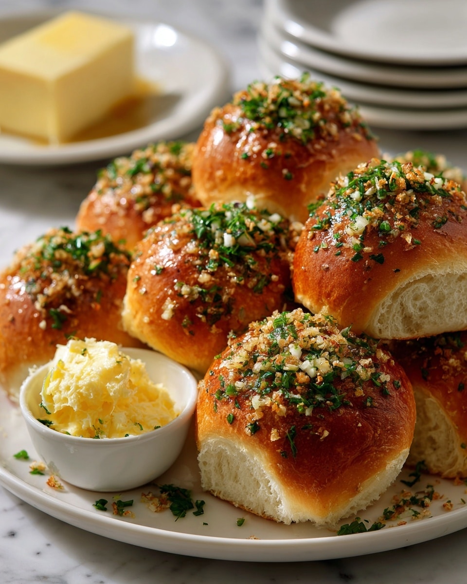 A white plate holds eight round, glazed dinner rolls stacked close together, each roll showing a golden brown, shiny top sprinkled with bits of garlic and herbs. The soft, fluffy sides of the rolls are light cream in color, contrasting with the darker, glossy tops. In front of the plate is a small white dish with a dollop of creamy butter. The surface beneath is a white marbled texture, with some garlic and herb crumbs scattered lightly. Photo taken with an iphone --ar 4:5 --v 7