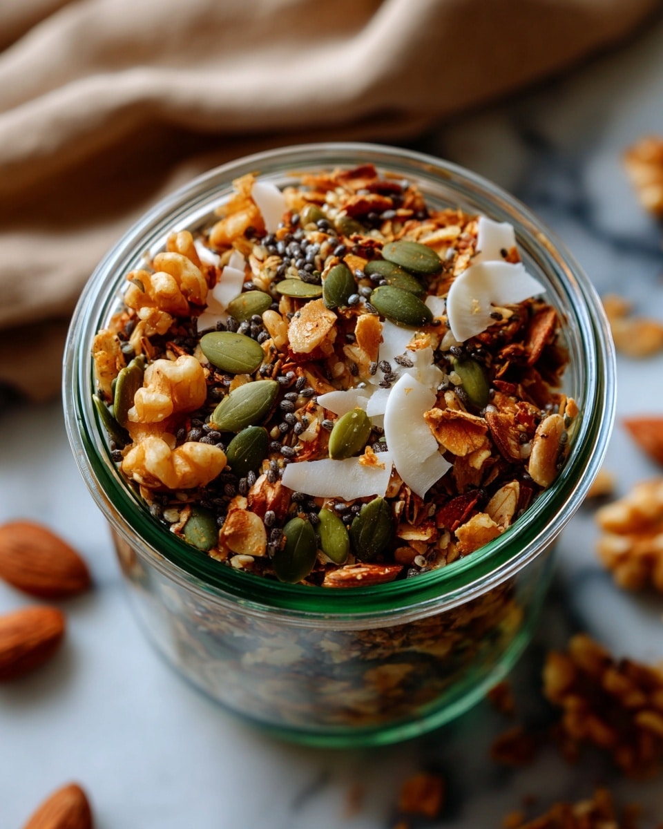 A clear glass jar filled with a mixture of nuts, seeds, and dried coconut flakes, all toasted to a light brown with some darker toasted spots; the mix includes green pumpkin seeds, small walnuts, chia seeds, and thin coconut chips, showing a crunchy and textured feel. The jar is open and placed on a white marbled surface, with a beige cloth on the left side and a honey dipper with honey on the bottom right corner, slightly blurred in the background, making the jar the main focus. Photo taken with an iphone --ar 4:5 --v 7