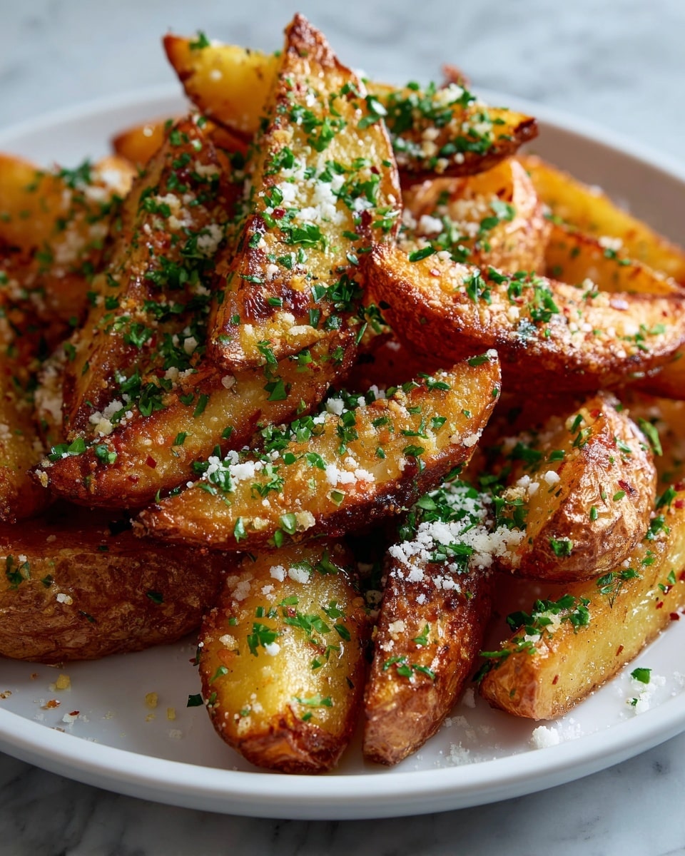 A white plate filled with a pile of golden-brown potato wedges with crispy edges and a slightly rough texture on the skin side. Each wedge shows a mix of darker browned spots and lighter yellow interior. The wedges are sprinkled evenly with small white crumbles of cheese and finely chopped green herbs scattered on top and around the potatoes. The plate sits on a white marbled surface. photo taken with an iphone --ar 4:5 --v 7
