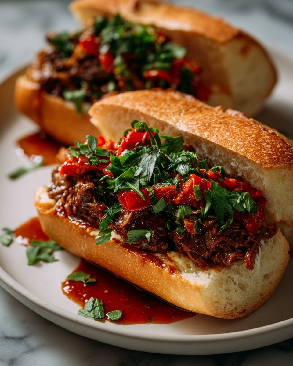 Two sandwiches sit side by side on a white plate over a white marbled surface. Each sandwich has a light golden brown hoagie roll sliced open, holding a generous pile of shredded dark brown meat as the bottom layer. On top of the meat sits a mixture of bright red roasted peppers and fresh dark green chopped herbs, adding color and texture. The sandwiches are filled but not overflowing, and the background shows a softly blurred kitchen scene. Photo taken with an iphone --ar 4:5 --v 7