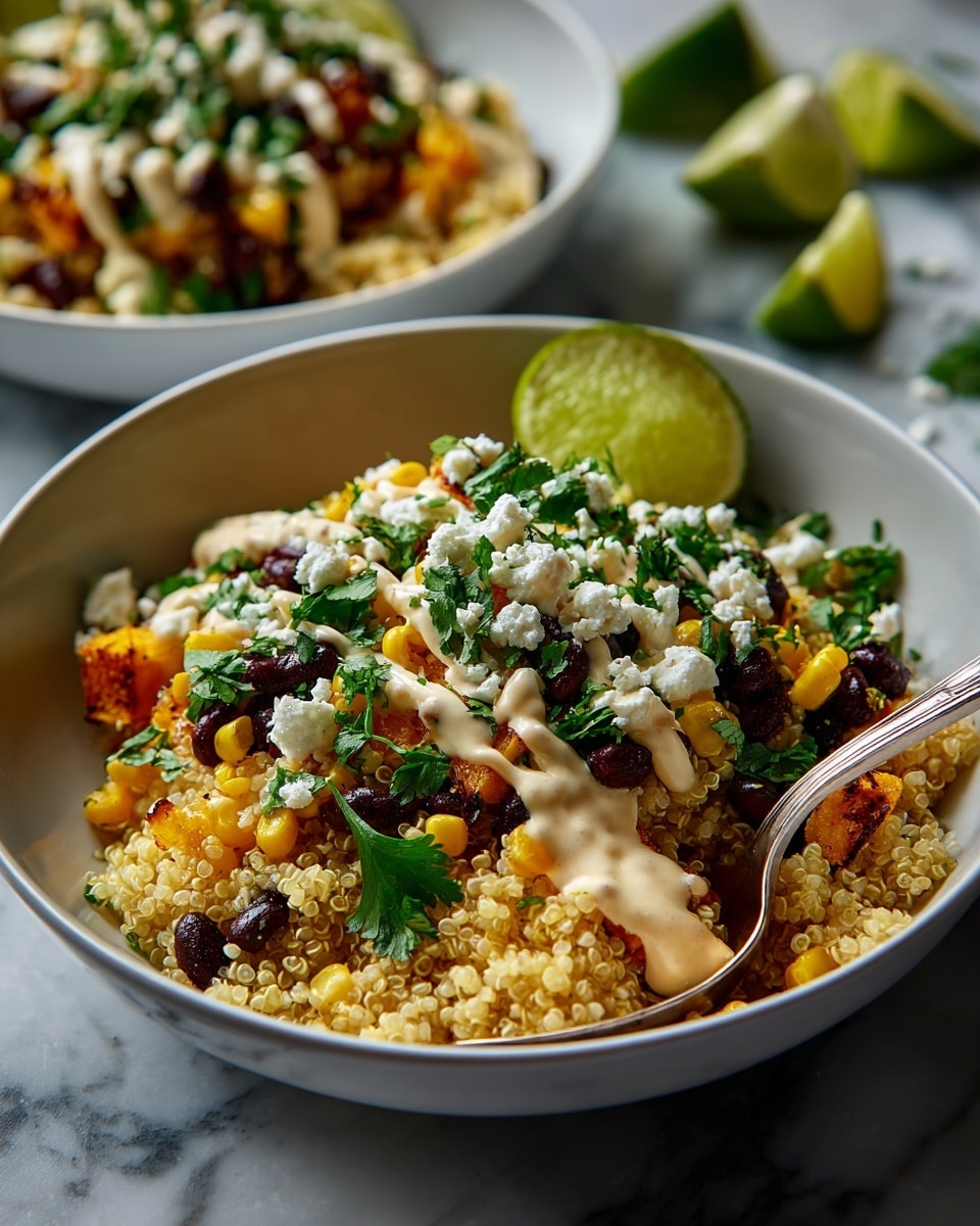 A white bowl filled with three main layers: the bottom layer is a light beige quinoa grain, the middle layer has black beans, yellow corn pieces, and small bits of red pepper, and the top layer is sprinkled with white crumbly cheese and chopped green herbs. On the right side of the bowl, there is a wedge of lime resting on the food. A gold-colored spoon with a white handle scoops some of the mixture, showing a creamy sauce with black beans and vegetables. The bowl sits on a white marbled surface, and three lime wedges are placed near the bottom left corner. Photo taken with an iphone --ar 4:5 --v 7