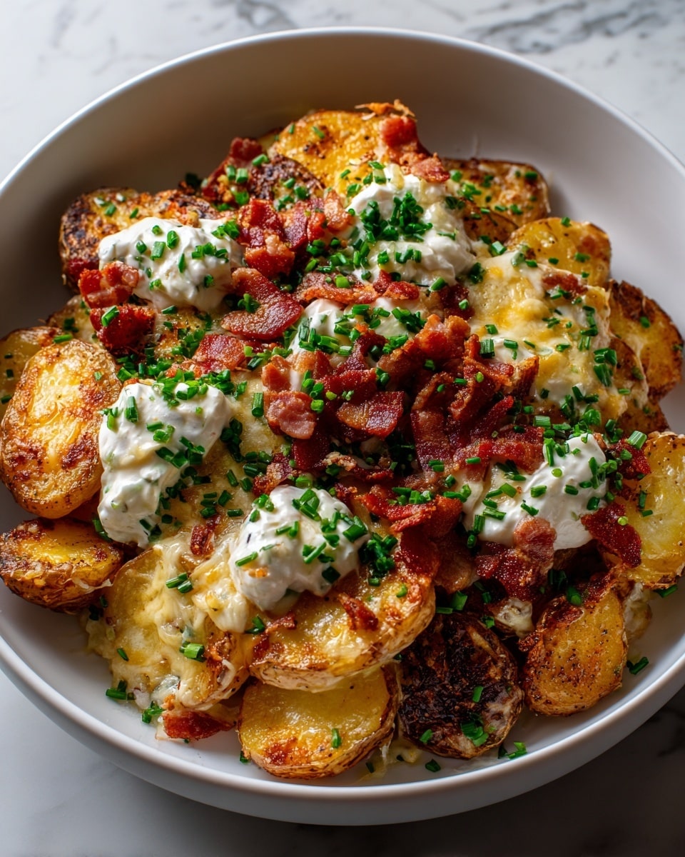 A white bowl filled with golden roasted small potatoes that have a crispy skin, layered with melted yellow cheddar cheese that covers parts of the potatoes. Scattered on top are small pieces of crispy, dark reddish-brown bacon and dollops of white creamy sauce with green herbs mixed in. Fresh chopped green chives are sprinkled all over the dish, adding a bright contrast. The bowl sits on a white marbled surface with a blurred background that has warm tones. photo taken with an iphone --ar 4:5 --v 7