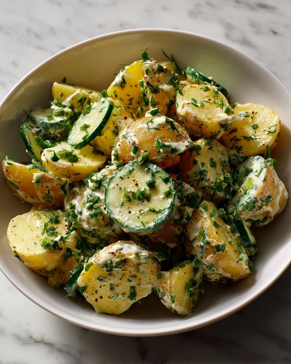 The image shows a white bowl filled with a salad made of yellow potato chunks and green cucumber slices, all coated with a creamy white dressing mixed with fresh green herbs, mainly dill, which is spread evenly on every piece. The bowl sits on a white marbled surface, and the salad looks fresh and vibrant with a mix of soft and crunchy textures. photo taken with an iphone --ar 4:5 --v 7