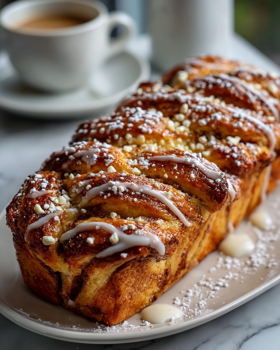 A loaf of cinnamon roll bread with soft, twisted layers of baked golden dough and dark cinnamon filling is shown on a long white plate. The top is sprinkled with powdered sugar and drizzled with white icing that gently flows down the sides. In the blurred background, there is a white cup of coffee on a saucer. The scene is set on a white marbled surface. photo taken with an iphone --ar 4:5 --v 7