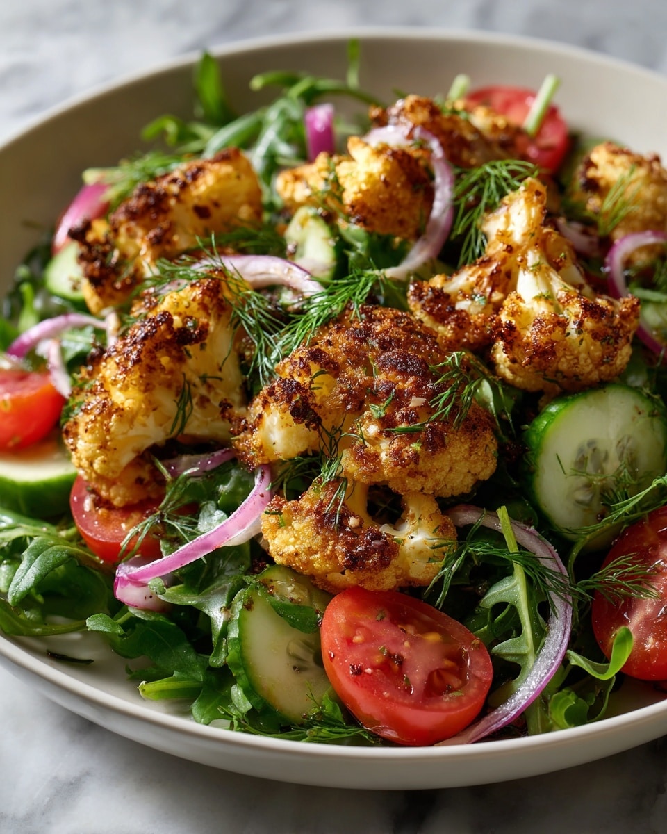 A white bowl holds a colorful salad with three main layers. The bottom layer is fresh, dark green arugula and cucumber slices with a light green and white texture. The middle layer has bright red tomato halves and thin purple onion slices placed randomly. The top layer shows golden brown roasted cauliflower pieces with crisp, slightly charred edges, sprinkled with fresh green dill leaves and a light dusting of red spices. The bowl sits on a white marbled surface. photo taken with an iphone --ar 4:5 --v 7