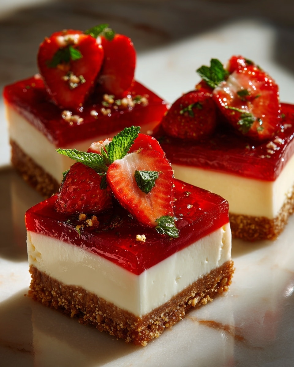 Three small square cheesecakes are shown on a white marbled surface. Each cheesecake has three layers: a crumbly brown base at the bottom, a thick creamy white middle layer, and a shiny red strawberry topping with sliced strawberries on top. A fresh green mint leaf decorates the top of each cheesecake, adding a touch of color and freshness to the red strawberry glaze. The light highlights the smooth texture of the cheesecake and the gloss on the strawberry topping. photo taken with an iphone --ar 4:5 --v 7