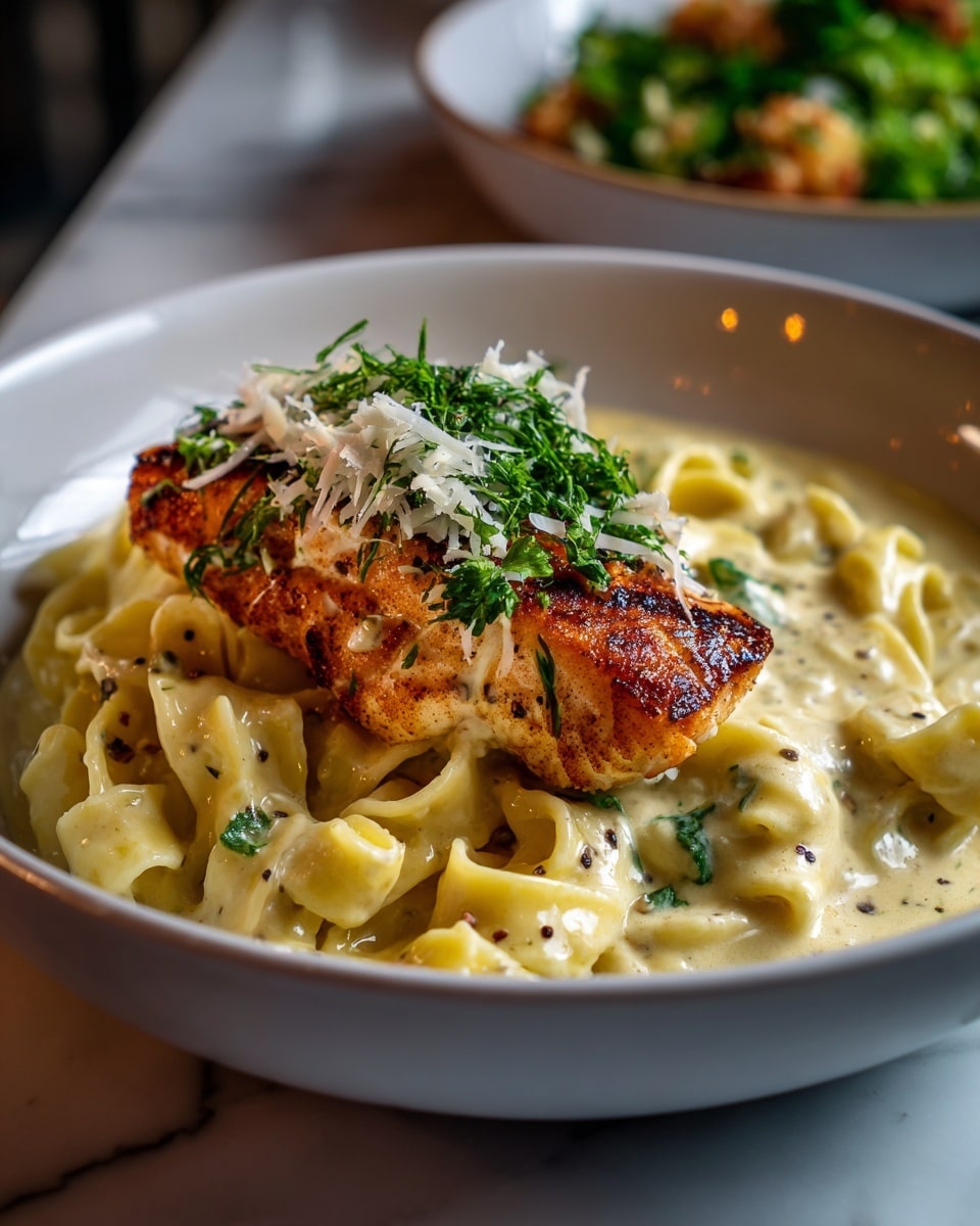 A white bowl holds a creamy pasta dish with thick, twisted noodles covered in a smooth, light beige sauce speckled with herbs. On top, there is a single grilled piece of fish with a crispy, dark golden-brown surface, sprinkled with fresh green chopped parsley and small shreds of white cheese. The pasta is layered underneath the fish, with the sauce pooling slightly around the edges. The setting is a white marbled surface with soft natural light coming from a window in the background. Photo taken with an iphone --ar 4:5 --v 7