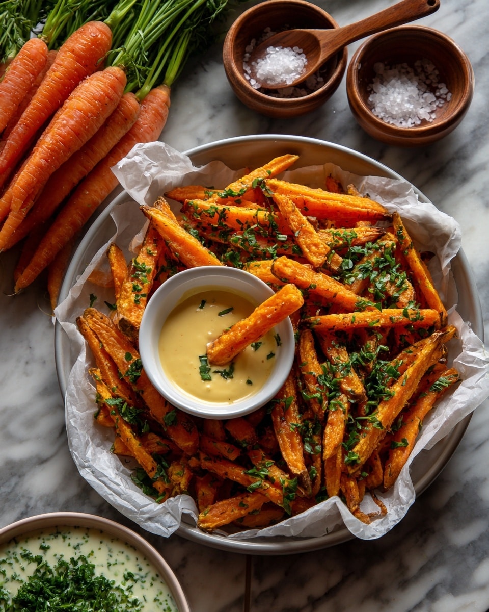A round white plate lined with crumpled white parchment paper holds a pile of bright orange sweet potato fries that are thin and crispy, sprinkled with green herbs. In the middle of the fries, there is a small white round bowl filled with creamy light orange dipping sauce, with one fry dipped in it. The plate sits on a white marbled surface, with bunches of fresh orange carrots and green carrot tops on the top left, and small brown bowls with coarse salt and a wooden spoon on the top right. At the bottom left corner, part of another white plate with a bowl of creamy white sauce with green herbs is visible. photo taken with an iphone --ar 4:5 --v 7