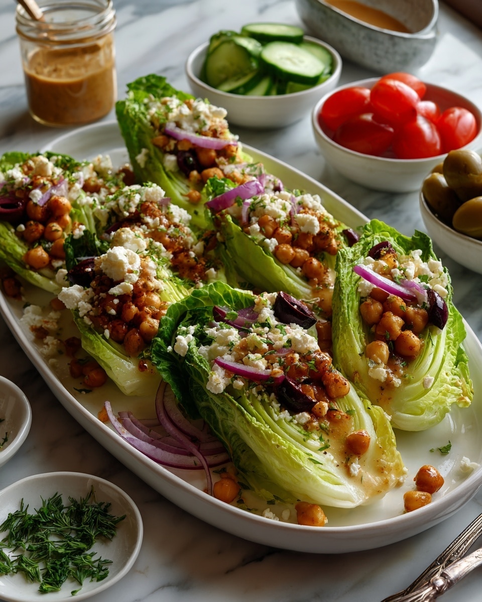 The image shows a white oval plate filled with multiple quarter wedges of pale green iceberg lettuce, each topped with a mix of small chopped red tomatoes, dark purple slices of olives, white crumbled cheese, crunchy golden chickpeas, and thin slices of red onion and green cucumber. The plate is placed on a white marbled surface, surrounded by small white bowls containing chopped cucumbers, halved cherry tomatoes, olive slices, and a jar with a spoon inside holding a light brown dressing. Some chopped green herbs are sprinkled over the salad and the surface. photo taken with an iphone --ar 4:5 --v 7