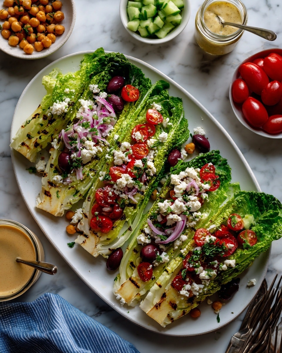 A white plate holds four wedges of light green lettuce, each wedge topped with bright red cherry tomato halves, small dark purple olive slices, and light beige chickpeas spread over them. Crumbled white cheese is scattered across the lettuce wedges along with thin slices of pale pink onions and small diced green cucumbers. Fresh chopped green herbs are sprinkled on top, adding a final touch of color. Around the plate, small white bowls hold more chickpeas, cucumber cubes, cut tomatoes, and chopped herbs on a white marbled surface. Photo taken with an iphone --ar 4:5 --v 7