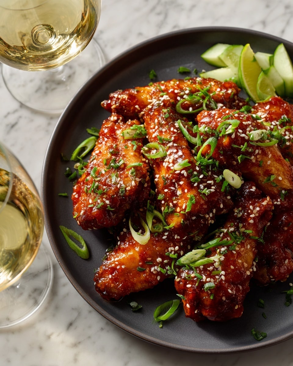 A dark gray plate holds about ten shiny, sticky chicken wings layered closely, each wing glazed with a dark reddish-brown sauce, lightly charred at spots. The wings are topped with scattered white sesame seeds and small chopped green onion pieces. Near the top inside edge of the plate, thin cucumber slices and a small wedge of lime with green skin add contrast. To the plate's upper left, a glass filled with a pale yellow drink sits on a white marbled surface. photo taken with an iphone --ar 4:5 --v 7